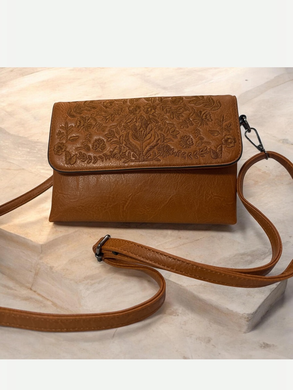 Embroidered Flap Crossbody Bag in Cognac Brown